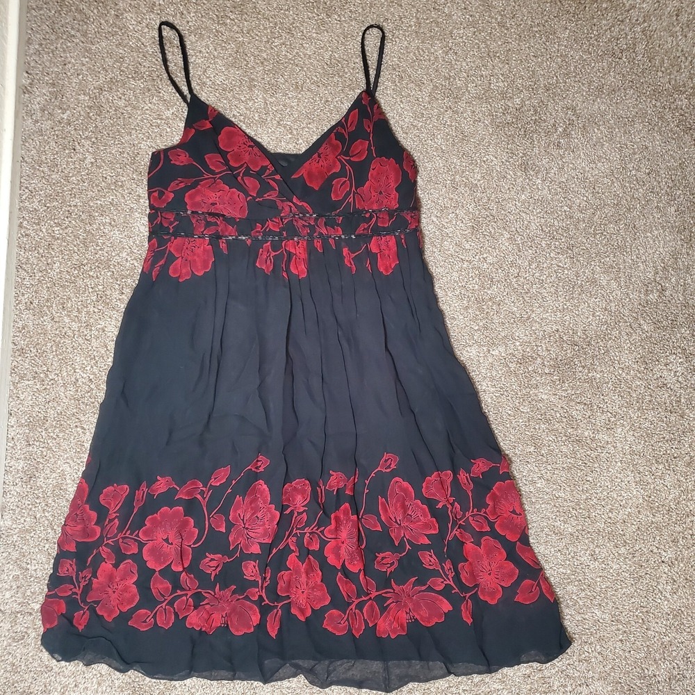 Eva Blue Black Red Rose‎ Floral Flowy Sheer Vneck Womens Dress Size 10